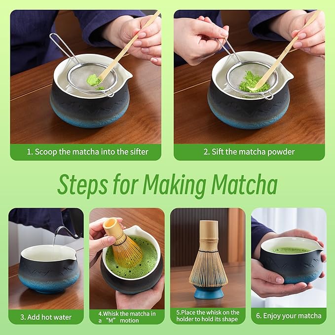 TEANAGOO 7 Pcs Matcha Whisk Set, Ceramic Matcha Set, Matcha Kit for Ceremony, Matcha Tea Set for Making Breakfast/Latte, Whisk Set and Bowl with All Accessories, Gift for Matcha Lover