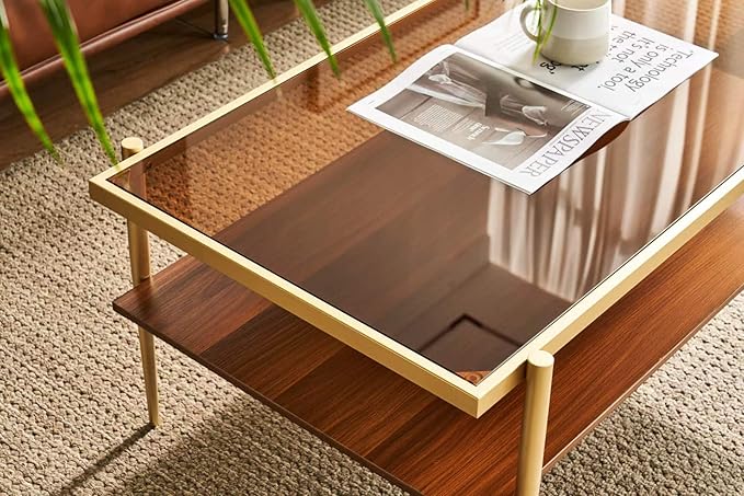 Shrine Rectangle Coffee Table, Mid-Century Modern Design, Two-Tier Walnut MDF Table, 39.4" D x 21.6" W x 17.3" H, Sleek Conical Metal Legs with Gold Finish