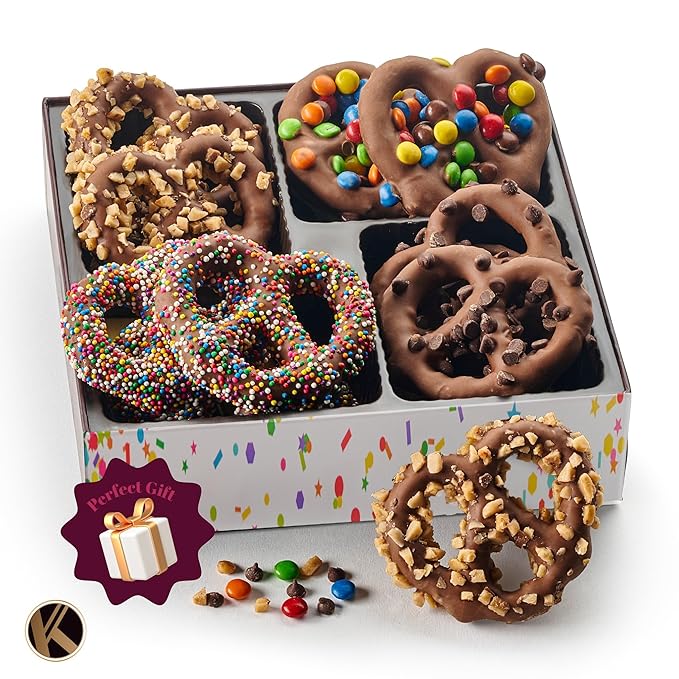 KREMERY Creamy Chocolate Cravings - Valentines Day Chocolate Covered Pretzel Twists Gift Basket, in Confetti Gift Box (12 Pretzels, Assorted Sweet Toppings) Xmas Treats Food Arrangement, Kosher