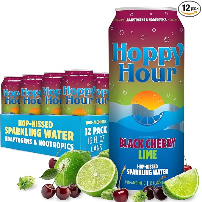 Hoppy Hour Sparkling Adaptogen Hop Water with Lion’s Mane & L-Theanine for Focus & Relaxation | Non-Alcoholic & Nootropic Drink | Zero Sugar & Calories | Black Cherry Lime | 16 FL Oz. 12 Pack