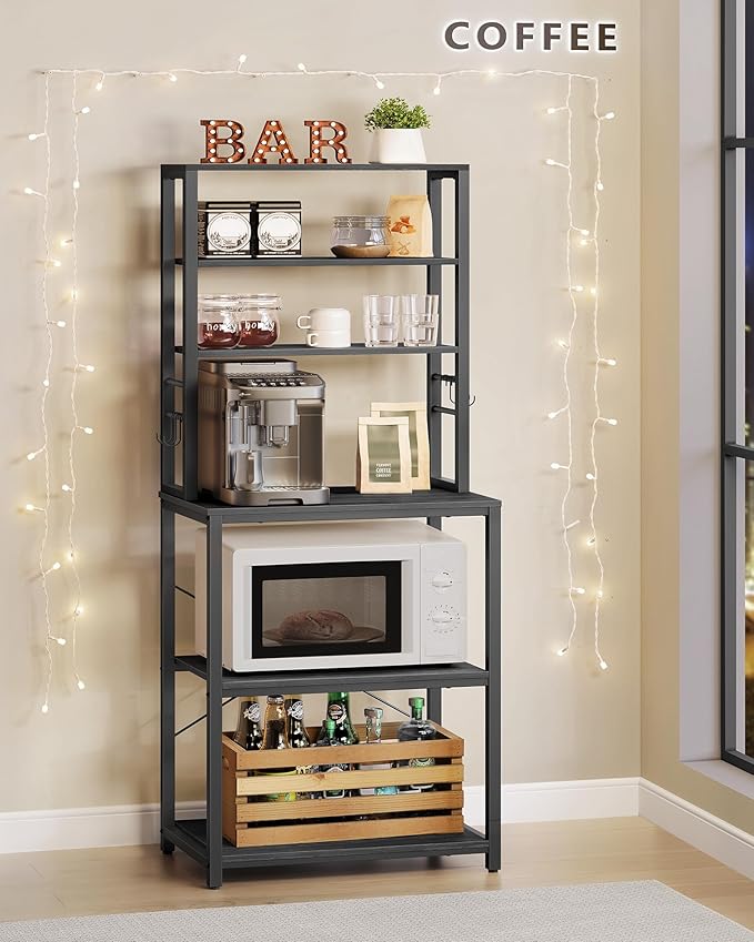 VASAGLE Coffee Bar, 23.6 Inches Baker's Rack for Kitchen with Storage, 6-Tier Kitchen Shelves with 6 Hooks, Microwave Stand, Industrial, Charcoal Gray and Ink Black UKKS024B22