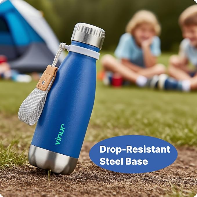 VINUR Kids Water Bottle-12 oz Stainless Steel Double Wall Vacuum Insulated Water Bottle for School-Cola Shape Flask with Carry Rope(Navy)