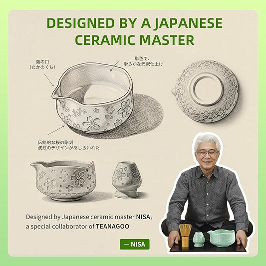 TEANAGOO Matcha Whisk Set,7 Pcs Matcha Set Blue Green,Ceremony Matcha Kit,Matcha Tea Set for Making Latte,Ceramic Bowl(chawan) whith Spout and Whisk,Gift for Matcha Lovers