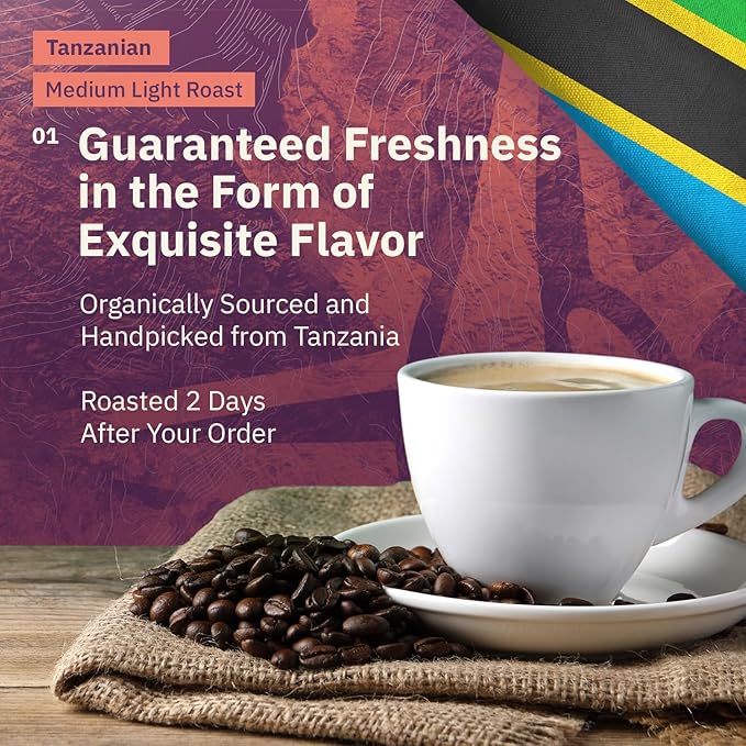 Tanzanian Peaberry Coffee Beans - Single Origin Medium Light Roast, Roasted To Order Whole Bean Coffee Specialty Grade, Fair Trade and Non-GMO, Floral and Fruity Notes - 5LB