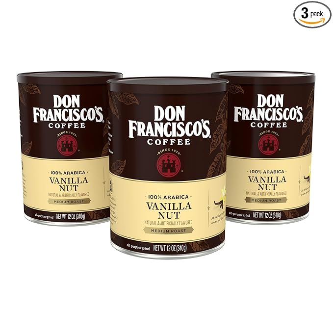 Don Francisco's Premium Vanilla Nut Ground Flavored Coffee: Rich, Aromatic 100% Arabica Beans - Family Crafted for a Delightful Morning Brew (3 x 12 oz Cans)