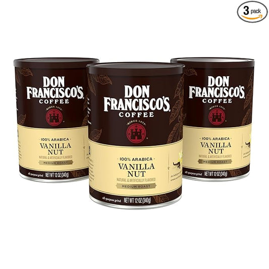 Don Francisco's Premium Vanilla Nut Ground Flavored Coffee: Rich, Aromatic 100% Arabica Beans - Family Crafted for a Delightful Morning Brew (3 x 12 oz Cans)