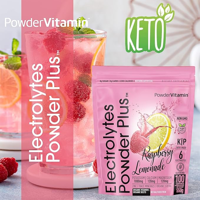 PowderVitamin Electrolytes Powder Plus (100 Servings) Raspberry Lemonade Electrolyte Powder, Zero Calorie, Keto, Zero Sugar, No Maltodextrin, 1000mg Potassium,120mg Calcium,120mg Magnesium, Hydration