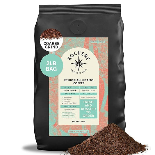 Ethiopian Sidama Coffee – 2LB, Single Origin, Medium-Light Roast, Freshly Roasted Coarse French Press Grind, Specialty Grade, Non-GMO