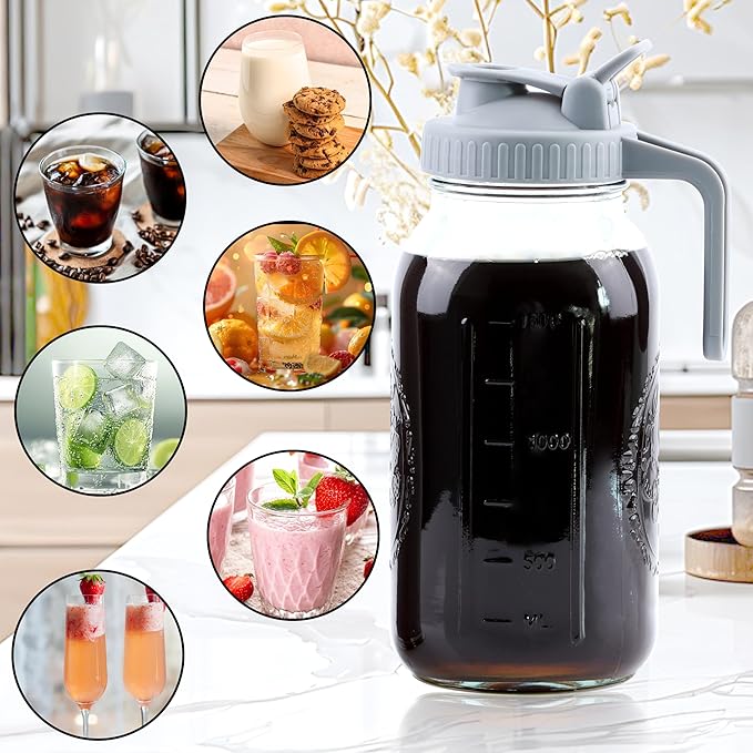Cold Brew Coffee Maker 64 Oz Mason Jar Cold Brew Pitcher With Strainer 2 Set Half Gallon Wide Mouth Glass Iced Coffee Maker With Spout Lids 2 Quart Glass Pitcher For Fridge, Lemonade, Cold Brew