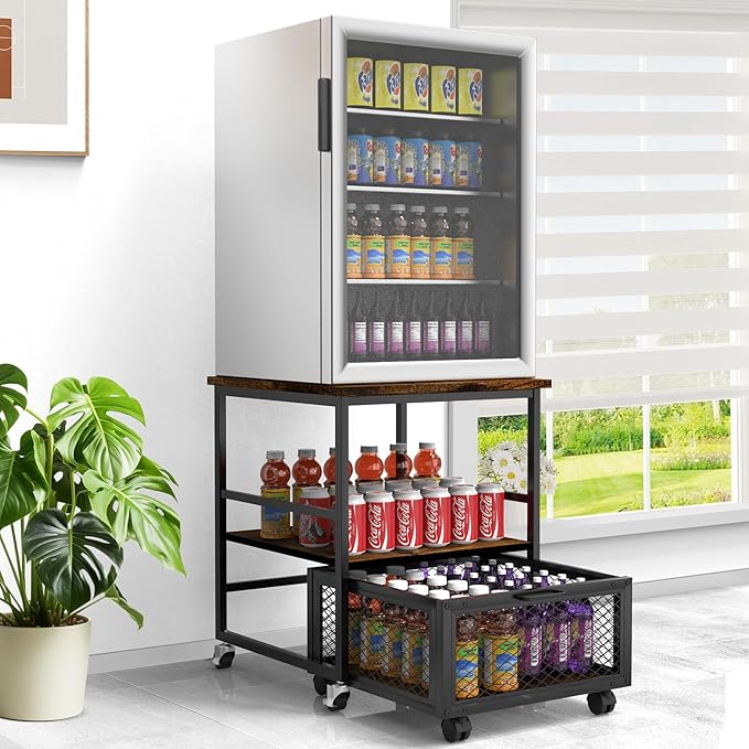 19.7x19.7in Mobile Mini Fridge Stand with 3 Storage,Small Beverage Refrigerator Table with Wheels Rolling Compact Drawer Cart,Great for Dorm Home Office, Printer Stand, Coffee Table