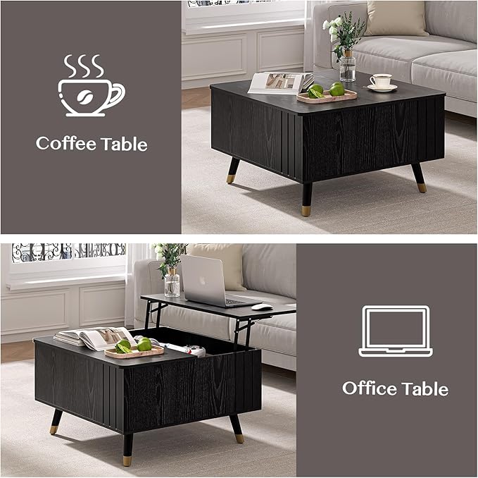 32" Square Lift Top Coffee Table with Storage, Modern Black Center Table for Living Room, Minimalist Wood Cocktail Table with Rising Desktop, Home Office