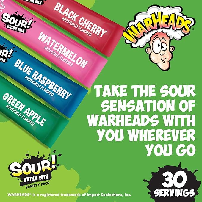 Warheads Singles To Go Sour Drink Mix, 30 Sticks, Variety Pack (Green Apple, Black Cherry, Watermelon, Blue Raspberry), Zero Sugar, Low Calorie