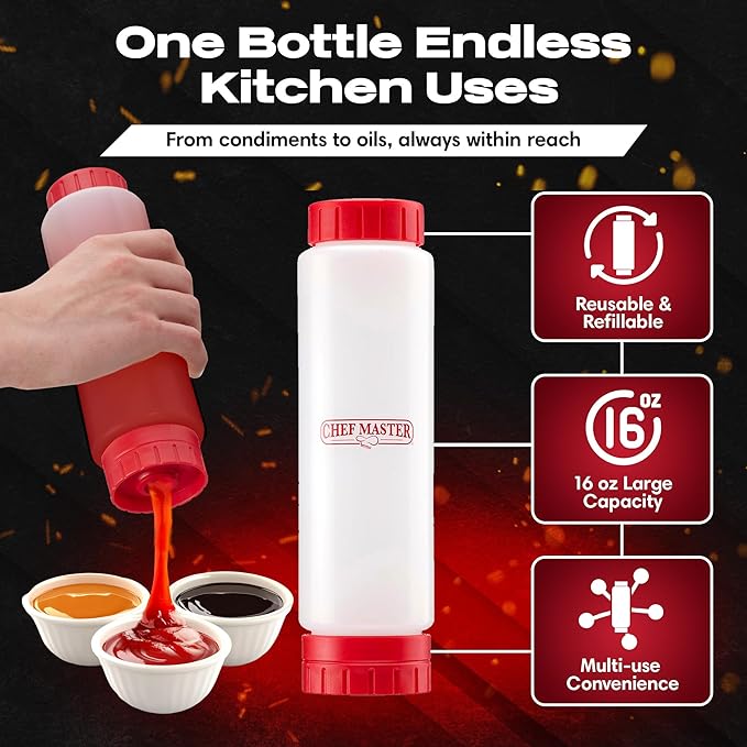 Chef Master Squeeze Bottles for Sauces (16oz) - Inverted, FIFO Refillable Bottle - Condiment Squeeze Bottles for Liquids, Sauces, Batter & Dressing - Made for Restaurants, Diners & Food Trucks - 90290