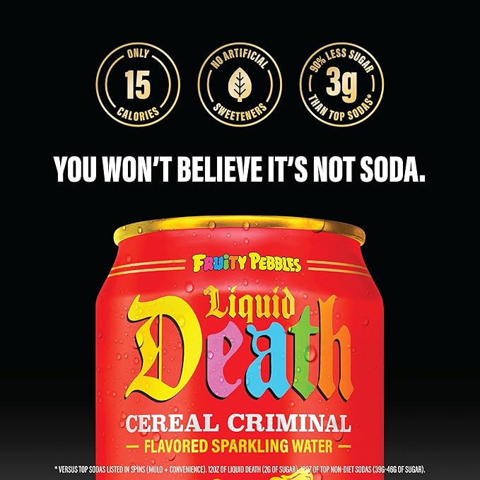Liquid Death Soda-Flavored Sparkling Water - Cereal Criminal (Fruity Pebbles, Cream), Less Sugar*, Huge Flavor, No Caffeine, No Artificial Sweeteners, 12 Fl Oz (Pack of 12)