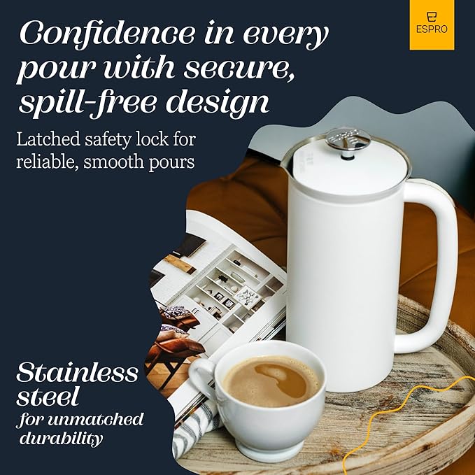 ESPRO P7 French Press Stainless Steel 304 – Patented Double Walled Micro-Filter Insulated French Press Coffee Maker, Grit-Free Brew - Heat Resistant BPA Free - Matte White (18oz)
