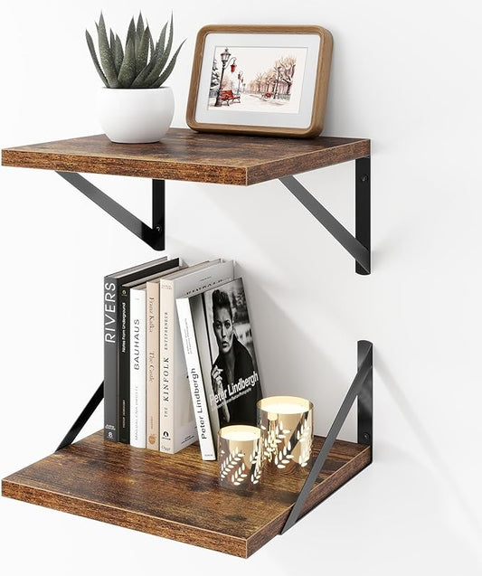 Deep Floating Shelves Wall Mounted, 12"x12" Brown Wood Shelves with Brackets Set of 2 for Bedroom, Living Room, Bathroom, Kitchen, Office - Storage & Display Shelf for Decor, Books, Plants
