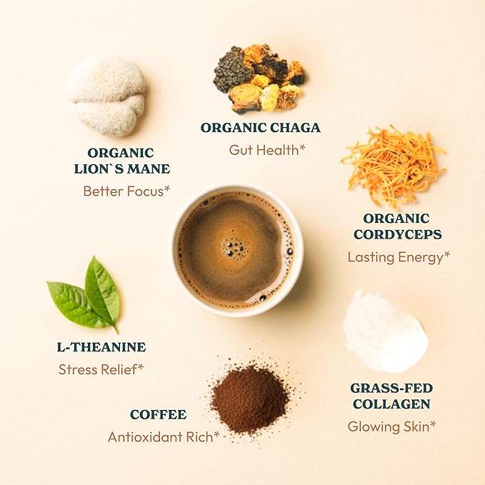 Mushroom Coffee with Collagen - Caramel Blend – Adaptogenic Instant Coffee for Energy, Focus, & Mental Clarity – Enhanced with Lion’s Mane, Chaga, Cordyceps & L-Theanine (30 Servings)