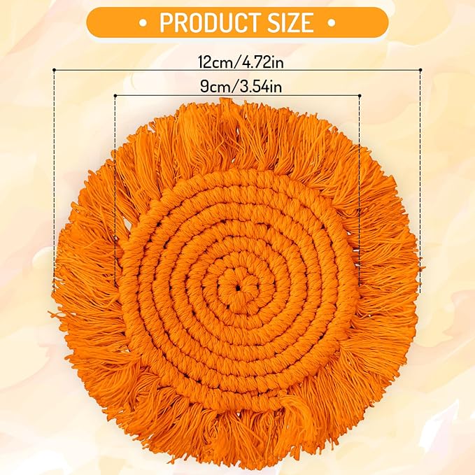 Whaline 4Pcs Boho Macrame Coasters Yellow Orange Handmade Woven Drink Coasters Farmhouse Rustic Cup Mat Pad for Home Kitchen Office Fall Party Table Decor