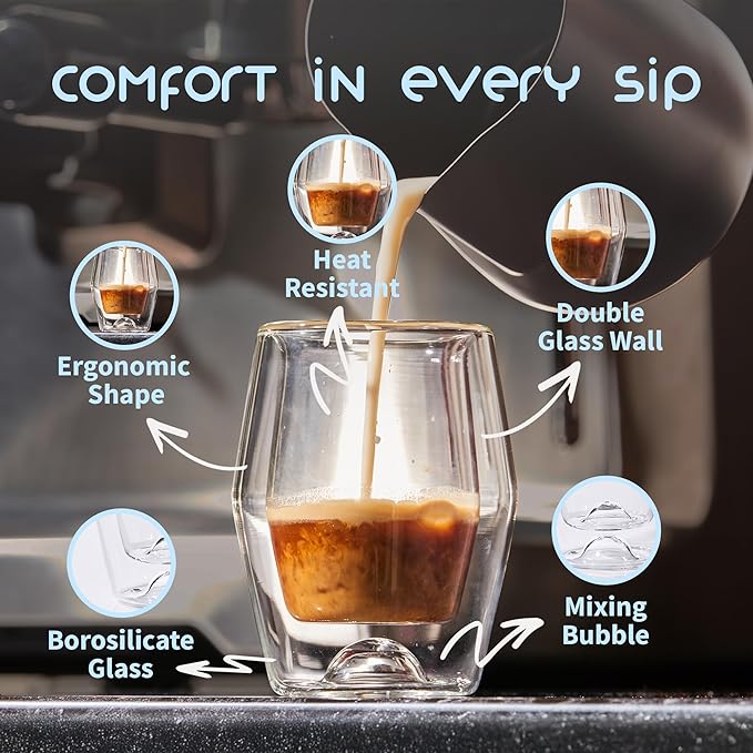 To-Go Espresso Glass Travel Mug with Lid, Reusable Double Wall Glass Tumbler, Fits Most Coffee Makers/Cupholders for Your Car, Gifts for Coffee Lovers, 2-Pack Iced Blue Cortado Cups