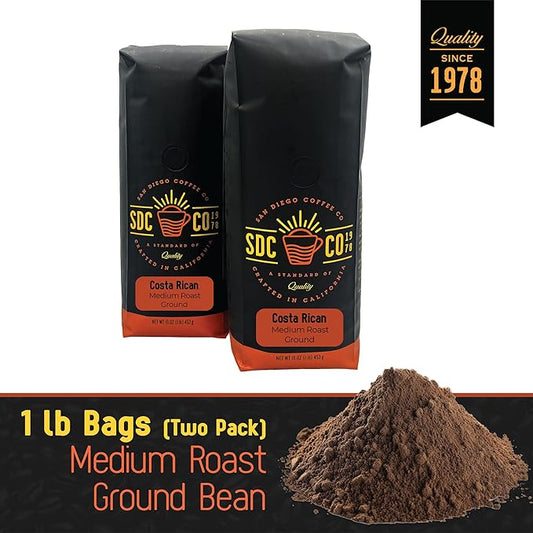 San Diego Coffee Costa Rican, Medium Roast, Ground Coffee, 16-Ounce Bags (Pack of 2) Café molido tostado