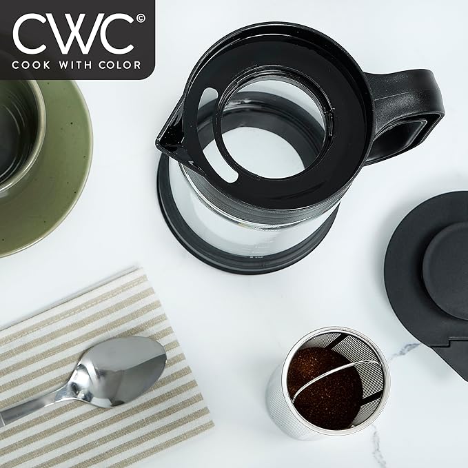 COOK WITH COLOR Cold Brew & Tea Maker - High Borosilicate Glass, PP Handle and Cover, 304 Stainless Steel Filter, TPR Base - Black