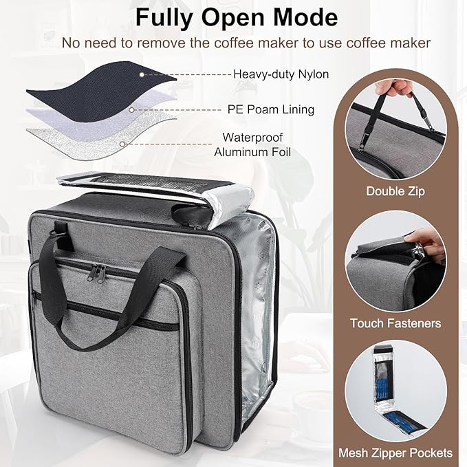 Portable Carrying Coffee Maker Travel Bag Match for Keurig K-Slim/K-Iced Plus, Single Serve Coffee Machine Travel Bag with Padded Shoulder Straps Includes Multiple Storage Bags, Grey