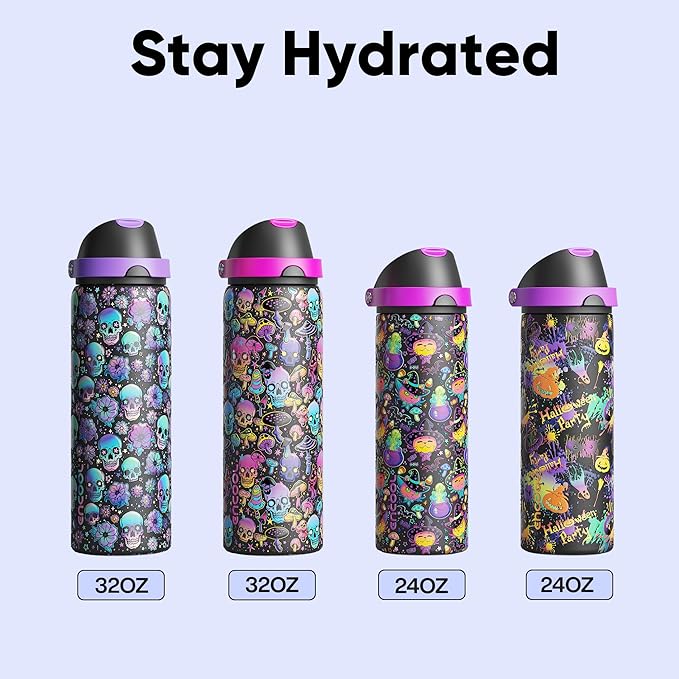 Insulated Water Bottle with Straw - Encool Stainless Steel Water Bottle with Push Button Lid, Leak-Proof & BPA-Free, Keeps Cold for 24 Hours for Sports, Travel, Gym (24 oz, Floral Afterlife)