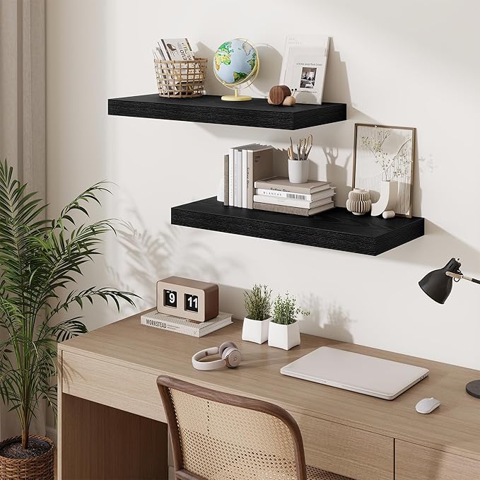 Fun Memories 12 Inch Deep Floating Shelves for Wall, 30 Inch Long Floating Shelf, 30 x 12 Shelf for Wall, Rustic Wood Bookshelves, Hanging Shelves for Bathroom Kitchen Bedroom, Black, Set of 2
