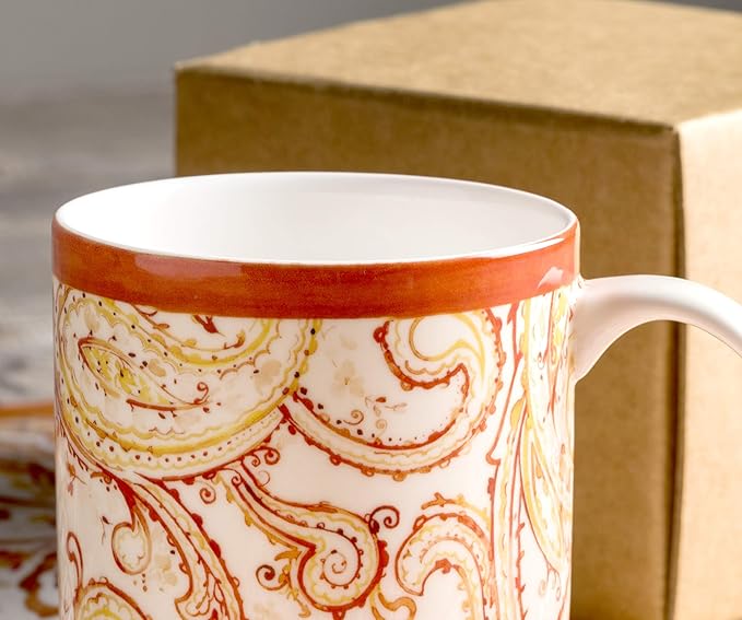 Maison d' Hermine Coffee Mug with Handles Fine Bone China Mugs Pack of One Tea Cups for Hot Beverages Cappuccino Latte Home Office Perfect for Gift (Palatial Paisley - Paisley Autumn, 15 Ounce)