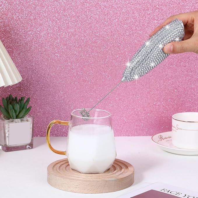 Rhinestone Milk Frother with Stand Sparkly Handheld Battery Operated Electric Foam Maker with Bling Handle, Single Coil Head Whisk Coffee Drink Mixer for Lattes Matcha(Silver)