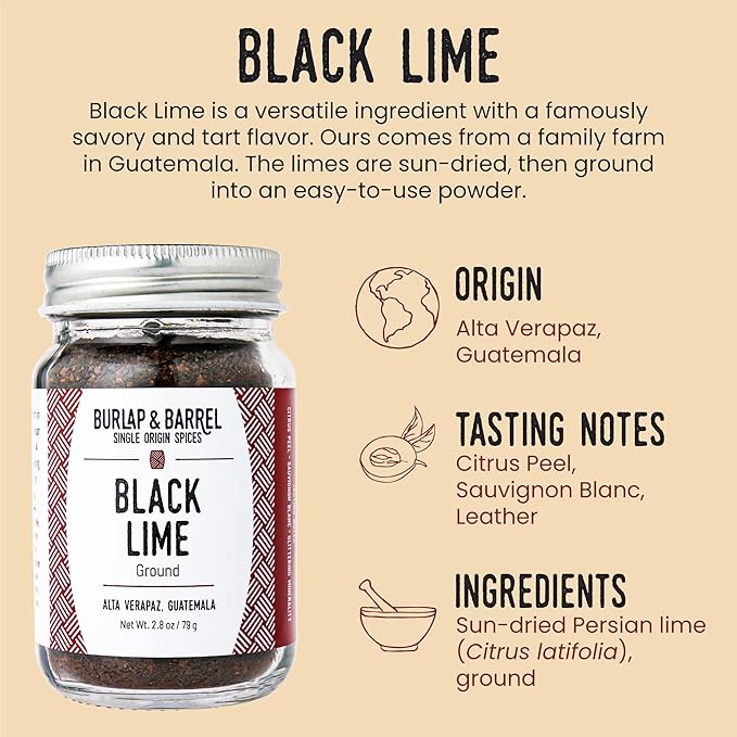 Burlap & Barrel - Ground Black Lime - Tart and Savory Great for Roasted Meats, Veggies, Stews, Kebabs - Great Alternative to Makrut Leaf in Recipies - As seen on Shark Tank - 2.8oz Glass Jar