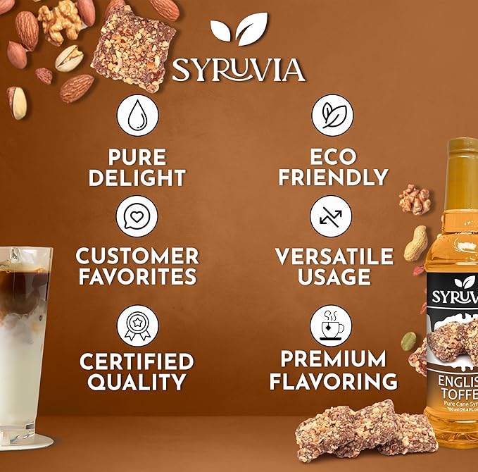 Syruvia Coffee Syrup, English Toffee Flavored Syrup for Drinks, Lattes, and Desserts – 25.4 fl oz