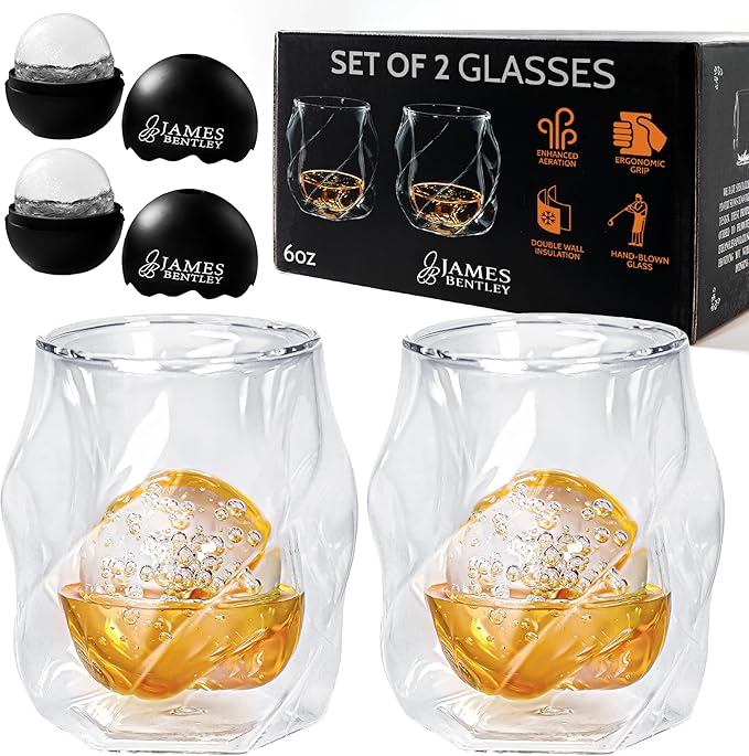 JAMES BENTLEY JB Whiskey Glasses – Double Wall, Hand Blown Borosilicate Glass, Enhances Aroma and Flavor, Premium Quality for Bourbon & Whiskey Tasting — Set of 2 Glasses with 2 Ice Ball Molds