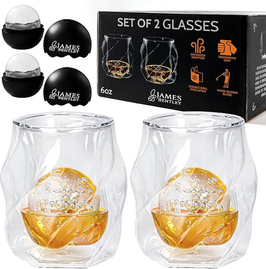 JAMES BENTLEY JB Whiskey Glasses – Double Wall, Hand Blown Borosilicate Glass, Enhances Aroma and Flavor, Premium Quality for Bourbon & Whiskey Tasting — Set of 2 Glasses with 2 Ice Ball Molds