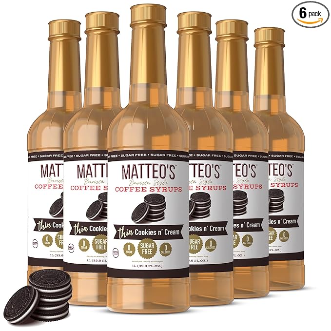 Matteo's Cookies and Cream Syrup for Coffee, Lattes, Cappuccinos & Desserts – Sugar-Free Sweetener for Beverages, Keto Friendly, Zero Calories, Indulgent Flavor, Non-Alcoholic, 33.8oz (6pk)