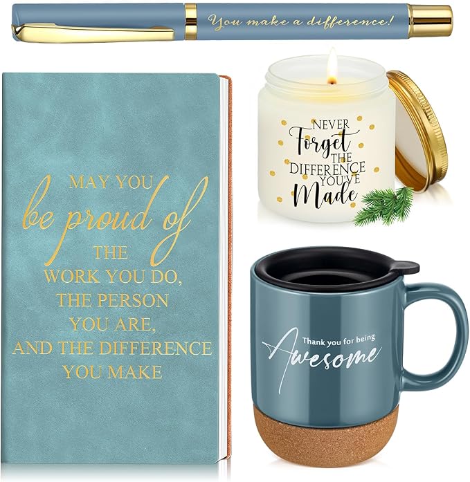 4 Pcs Thank You Gift Set for Men Women Coworker Employee Inspirational Appreciation Gifts Notebook Coffee Mug Scented Candle Pen for Valentine's Day Team Office Staff Teacher Nurse (Blue)