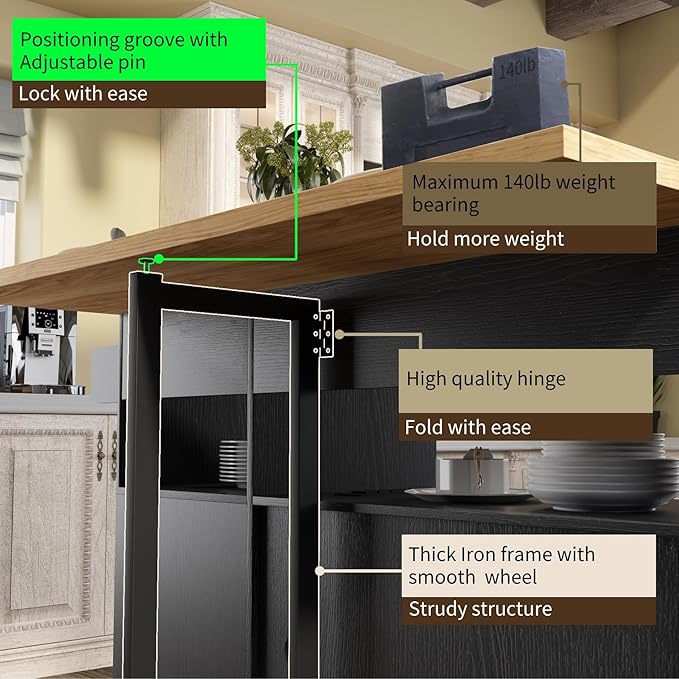 Rolling Mobile Kitchen Island with Storage and Drop Leaf, Island Table with Countertop Power Socket and Wheel (Black, Model 1.2)