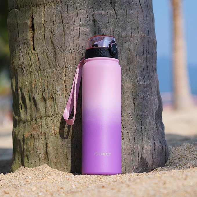 OLDLEY Insulated Water Bottle 32oz Water Bottles with Straw, Stainless Steel Water Bottle with 3 Lids, Double Wall Vacuum Bottles for Adult Kids, Sports Bottles for School Travel,Ombre Pink-Purple