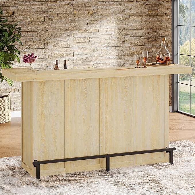 Tribesigns 4-Tier Bar Table, 70.9-Inch Large Wooden Home Bar Unit with Wine Glass Holder and Black Footrest, Pub Table with Storage Shelves for Home, Patio, Basement, Oak