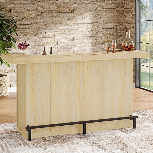 Tribesigns 4-Tier Bar Table, 70.9-Inch Large Wooden Home Bar Unit with Wine Glass Holder and Black Footrest, Pub Table with Storage Shelves for Home, Patio, Basement, Oak
