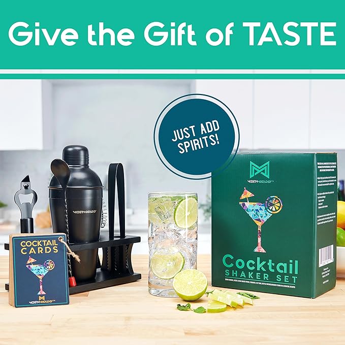 Modern Mixology Cocktail Shaker Set - 8 Piece Bartender Kit on Quality Pine Stand | Complete Cocktail Kit Gift Set | Top Bartender Gifts for Men | Leak Proof Design (Silver)