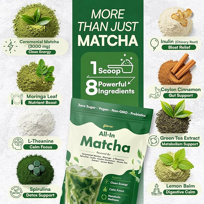 Ceremonial Grade Matcha Powder Infused with Moringa, Green Tea Extract, L-Theanine, Inulin, Spirulina, Ceylon Cinnamon, and Lemon Balm – 100% First Harvest Japanese Tea (2 Pack)