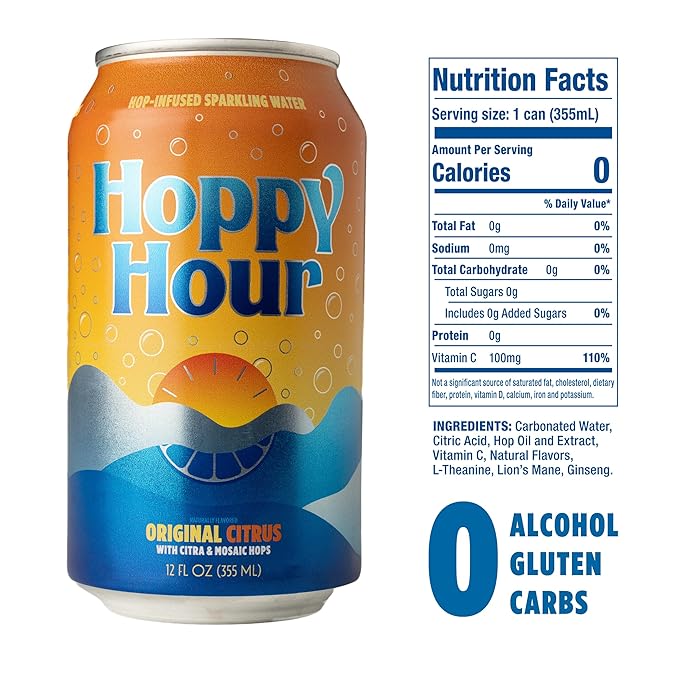 Hoppy Hour Sparkling Hop Water, Non-Alcoholic and Adaptogens Drink, Zero Sugar and Calories, Refreshing Original Citrus Flavor, 12 oz Cans (12-Pack)