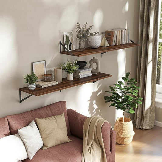 Deep Floating Shelves Wall Mounted, 48"x12" Walnut Wall Shelves with Brackets Set of 2 for Bedroom, Living Room, Bathroom, Kitchen, Office - Storage & Display Shelf for Decor, Books, Plants