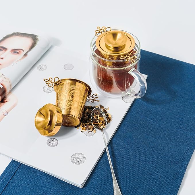 Luxury Tea Strainer Basket Gift Set - Gold Plated Infuser with Engraved Floral Motifs, Crystal Accent Chain for Loose Leaf Tea, Fine Mesh Filter & Ergonomic Handle