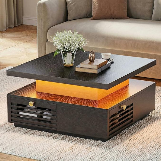 IRONCK Coffee Table with LED Light and Charging Station, 4 Storage Drawers with Grille Design, Square Coffee Table for Living Room Office Reception Room (Black)