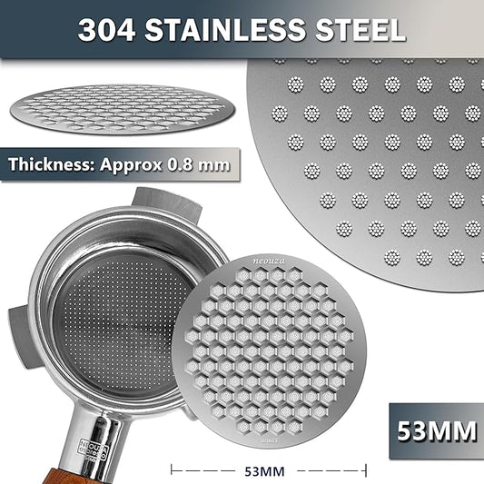 NEOUZA V4 Espresso Puck Screen 0.8mm Thickness Honeycomb Mesh Double Layer Black Protective Coating for Coffee Portafilter Basket (2, Silver, 53mm)