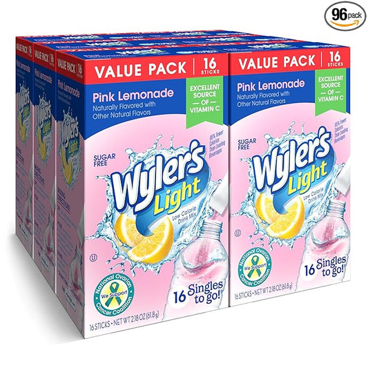 Wyler's Light Singles To Go Powder Packets, Water Drink Mix, Pink Lemonade, 16 Count, 6 Boxes (96 Single Servings)
