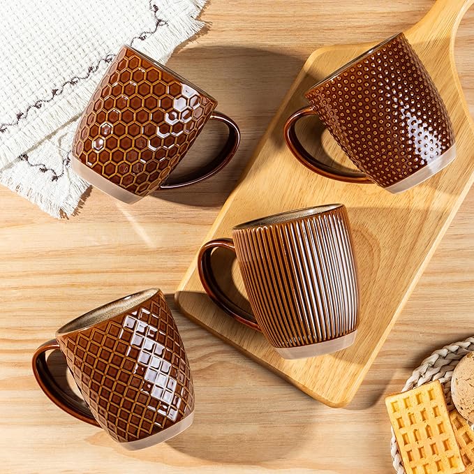 GBhome Large Coffee Mugs Set of 4, 16oz Handmade Embossed Coffee Mugs Set with Large Handle for Cappuccino/Latte/Tea/Hot Cocoa, Dishwasher & Microwave Safe, Caramel