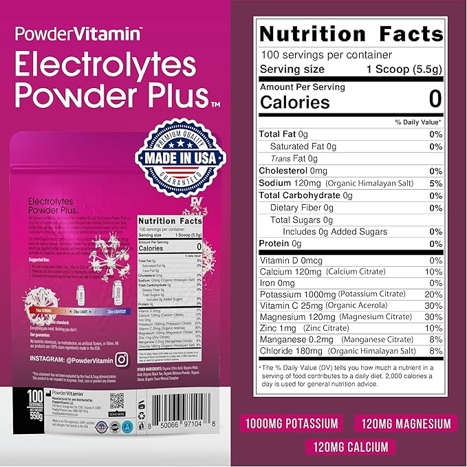 PowderVitamin Electrolytes Powder Plus (100 Servings) Black Tea Hibiscus Electrolyte Powder Keto, Sugar Free, Pink Himalayan Salt,1000mg Potassium,120mg Calcium,120mg Magnesium, Hydration Powder